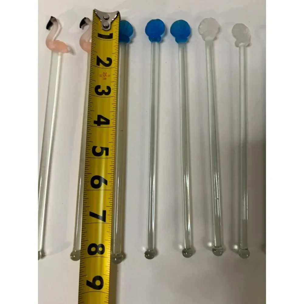 Set of 9 Hand Blown Glass Swizzle Sticks Cocktails Beach Flamingo Seashell Vntg